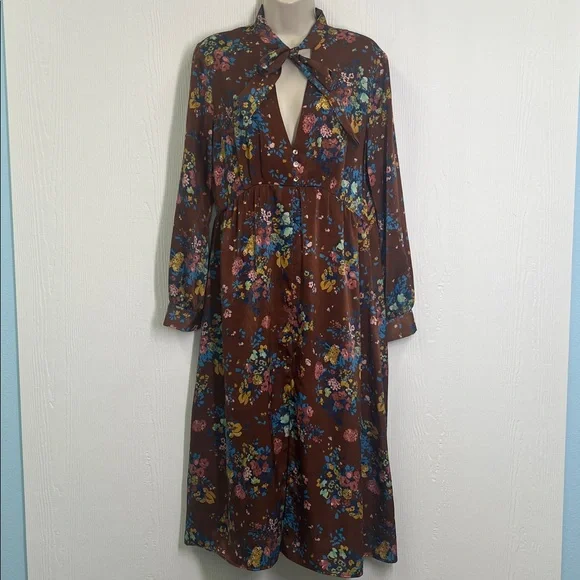 Zara - Colorful Floral Neck Tie Long Sleeve Deep V Neck Midi Dress Size Large - Picture 2 of 12